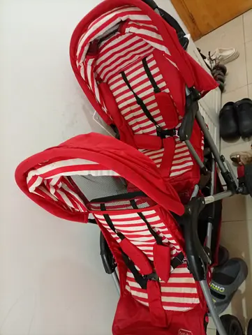 Red Double Stroller with Safety Harness