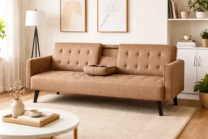Brown Fabric Convertible Sofa Bed with Cupholder – 3 Seater Sofa Cum Bed for Living Room