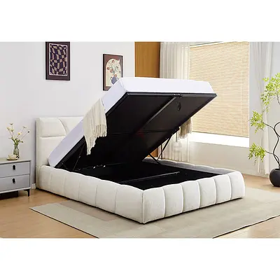 White linen queen thick lift up storage bed