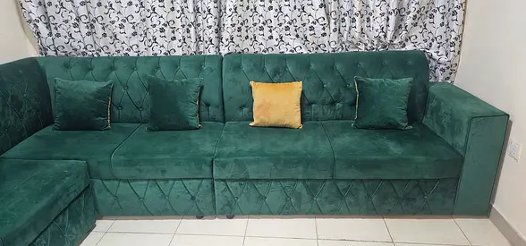 Stylish Green Velvet Corner Sofa with Cushions