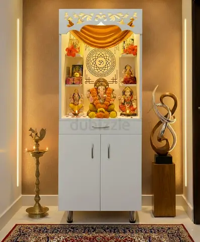 Elegant White MDF Pooja Mandir (Temple) with Lighting