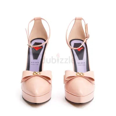 GUCCI Pink Patent Leather Crystal GG Bow Sadie Spike Ankle Strap dOrsay Platform Pumps, Size 39.5