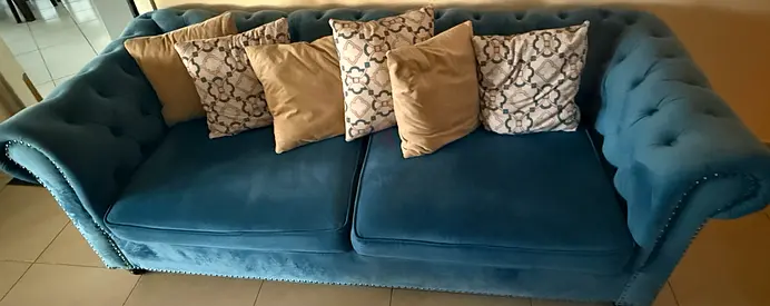 Stylish Blue Velvet Sofa with Cushions