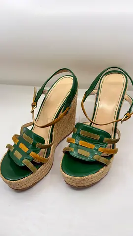 Saint Laurent Paris Tribute Green Patent Leather and Suede Wedge Sandals - Size 39