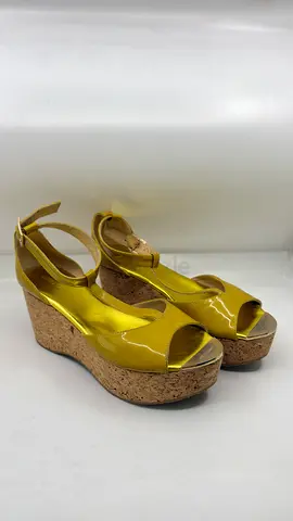 Jimmy Choo Lime Green Patent Leather Pania Cork Wedge Sandals – Size 38.5