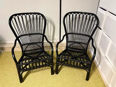 Two High-back, black, rattan armchairs - Nordic style - Collect from JLT