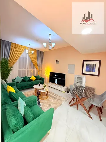 Sharjah, Al Taawun, first occupancy, brand new furniture, one bedroom, living room, kitchen, two bathrooms, and balcony.