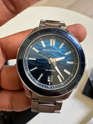 ARMANI EXCHANGE MENS THREE-HAND DATE STAINLESS STEEL BLUE DIAL WATCH