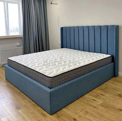 Modern Blue Upholstered Bed Frame with Mattress
