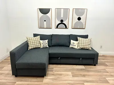 L-Shaped Storage Sofa Bed, large seating, comfortable back cushions.