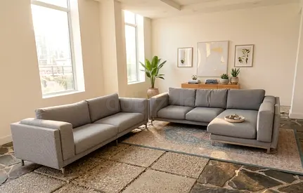 Grey color sofa set, neat and clean. Perfect size for family sitting area.