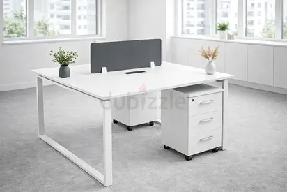 2 Person Office Workstation Desk with Drawers – White Wooden Office Table with Privacy Panel