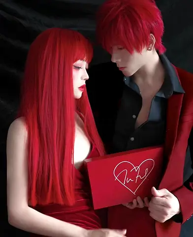 Hot Red straight long Wig with bang