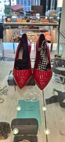 Miu Miu red patent leather plaid print pumps