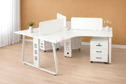 White 3 Person Office Workstation Desk with Pedestal Drawers, Privacy Panels  Cable Management Tray