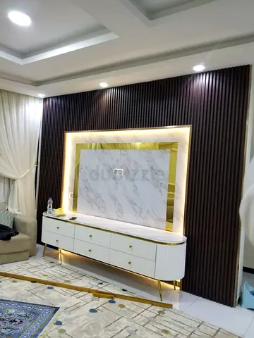 ​Modern Luxury Marble  Wood Slat Entertainment Unit