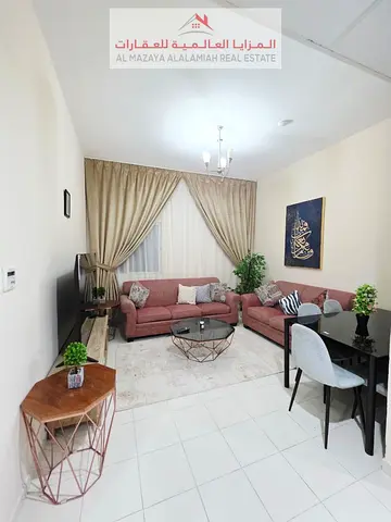 Two-bedroom apartment with a fully furnished super deluxe living room in Al Qasimia - Sharjah, for monthly rent including internet.