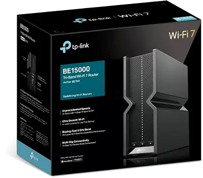 TP-Link BE15000 Tri-Band Wi-Fi 7 Router, 1 x 10G Port, 1 x 2.5G Port, 320 MHz