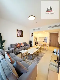 Sharjah, Aljada Compound, studio apartment with kitchen, bathroom, and balcony.
