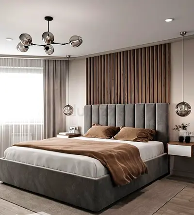 Brand New Elegant Grey Upholstered Bed with Nightstands