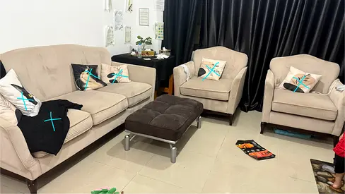 Comfortable Beige Sofa Set with Accent Chairs with a burnt stain