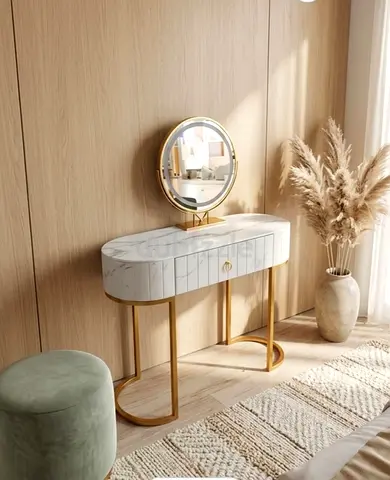 Beautiful Marble-Effect Dressing Table with Round three colors led Mirror