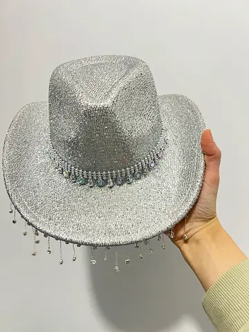 Rhinestone Fringe Cowboy Hat with Adjustable Closure - Sparkling Wedding  Party Hat