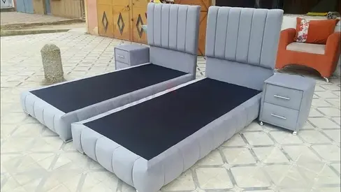 Modern Gray Upholstered Twin Beds with Nightstands