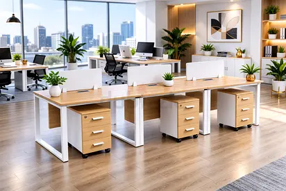 Modern Oak 3 Person Office Workstation Desk with Drawers - Wooden Office Desk for Workspaces
