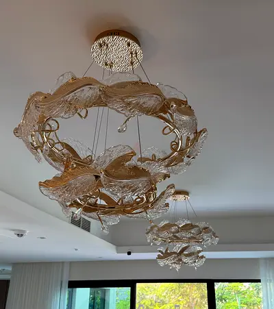 2  pieces of Golden  Clear Crystal Leaf Round Chandelier, Elegant Decorative Ceiling Light Fixture,