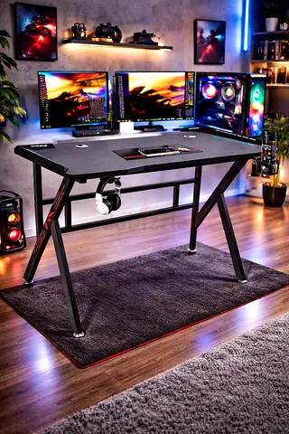 RGB Gaming Desk 120cm Computer Table – Carbon Fiber PC Gaming Workstation with Cup Holder  Headphon
