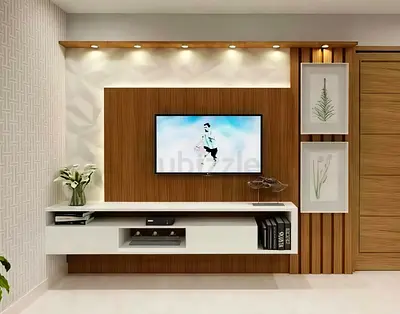 Modern Floating Wood  Geometric TV Wall Unit