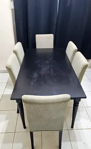 IKEA Stylish Black Dining Table with 6 Chairs (Extendable)
