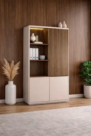 Modern Wooden Book Shelf Cabinet with Glass Doors – Stylish Office Storage Display Cabinet