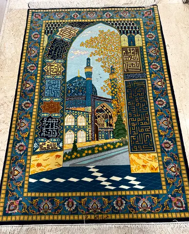 Beautiful Handwoven Tapestry featuring Persian Architecture , Esfahan silk , wool size 1.00 by 1.50