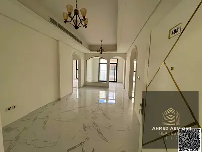 3 bedrooms and a living room, first occupancy. Al-Tala area. Near Al-Muwaihat. Directly on Mohammed Bin Zayed Road. With a swimming pool. Next to the