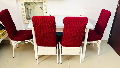 Stylish Dining Table Set with Red Cushioned Chairs