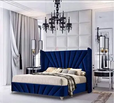 Elegant Blue Velvet Bed with Decorative Headboard