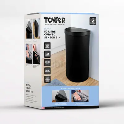 Tower Curved Sensor Bin with Liner Retainer Ring, Durable PP Body, Battery Operated, 50L, Black