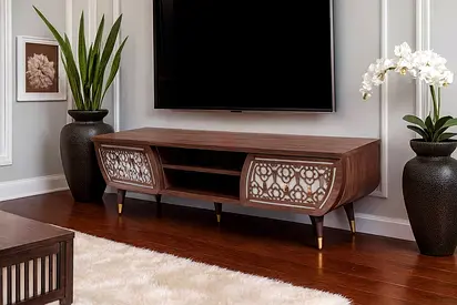 Modern Walnut TV Unit 180cm – Wooden TV Cabinet with Decorative Storage