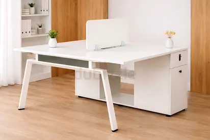 White 2 Person Office Workstation Desk with Storage Cabinet – Modern Wooden Office Table