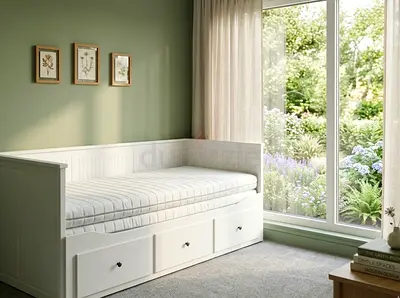 Stylish wooden daybed with storage drawers. Ideal for bedroom, guest room, or living area