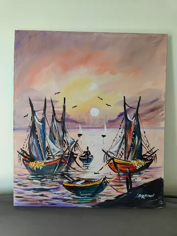 Fishermen and boats painting