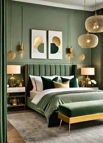 Elegant Modern Bedroom Set with Green Accents