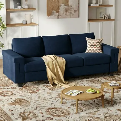 Wide armrest 3 seater blue fabric sofa