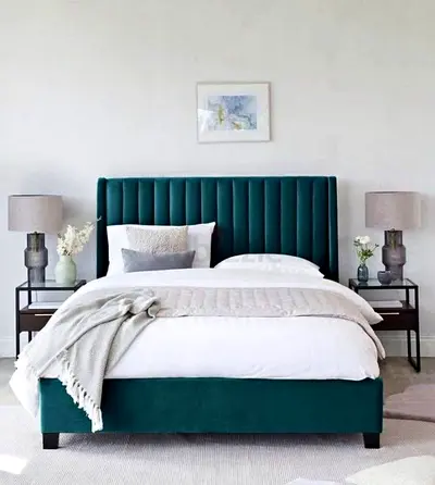 Elegant Green Velvet Bed with Nightstands