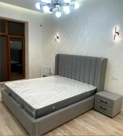 Modern Gray Upholstered Bed with Nightstands