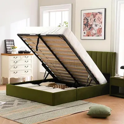 Grass green velvet hydraulic queen bed