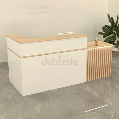 Minimalist L-Shaped Reception Desk with Slatted Wood Detail