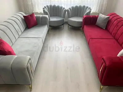 Luxury Scalloped Velvet Sofa Set in Grey  Maroon